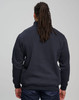 A navy unisex premium fleece half zip sweat with a relaxed fit and a logo on the back.