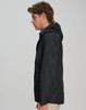 A black unisex waterproof jacket with a hood and a side view of a model wearing it. Features a logo on the jacket.