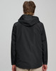 A unisex waterproof jacket in black, featuring a hood and back view design. Includes branding on the jacket.