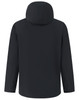 A waterproof jacket in black with long sleeves and a hood, featuring a logo on the back.