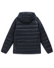 A lightweight hooded puffer jacket in black, featuring a padded design and a hood at the back. 