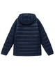 A navy blue adult's sustainable lightweight hooded puffer jacket with a quilted design and a hood.