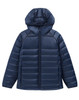 A navy blue lightweight hooded puffer jacket with quilted detailing and a zipper front. It features a logo on the sleeve.