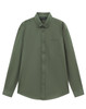 A long-sleeve cotton blend shirt in olive green with a button-up front and chest pocket. It features a brand logo.