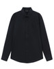 A black long-sleeve shirt with a button-up collar and a chest pocket, featuring a logo.