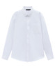 A white long-sleeve cotton blend shirt with a collar and a single chest pocket, featuring a logo.