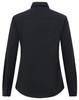 A black long-sleeve shirt with a collar and buttoned cuffs, featuring a logo on the back.