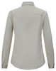 A beige long-sleeve shirt with a collar and button cuffs, featuring a logo on the back.