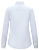 A white, long-sleeved cotton blend shirt with a collar and a curved hem. The back features a logo.