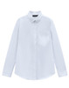 A white long-sleeved cotton blend shirt with a button-up front and a single chest pocket. It features a collar and has a logo.