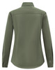 An olive green ladies' long-sleeve shirt with a collar and buttoned cuffs, featuring a back view and logo branding.