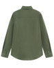A ladies' long-sleeve shirt in olive green with a back view, featuring a collar and buttoned cuffs, has a logo.