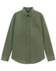 A long-sleeve, smart casual shirt in olive green with a button-up front and a chest pocket. It features a logo.
