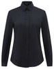 A black ladies' long-sleeve shirt featuring a button-up front and a chest pocket, with a logo on it.
