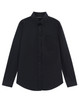 A black long-sleeve shirt with a button-down collar and a single chest pocket. The shirt features branding.