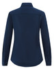 A navy long-sleeve shirt with a collar and buttoned cuffs, featuring a smooth fabric. It has a logo on the back.