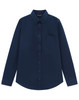 A navy long-sleeve shirt made from a cotton blend, featuring a button-down collar and a chest pocket.