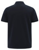 A navy blue short-sleeved polo shirt with a flat collar and a logo displayed.