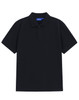 A navy blue men's classic cotton/poly pique short-sleeve polo with a collar and a logo.