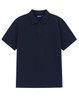 A navy blue men's classic cotton/poly pique short sleeve polo shirt with a collar and buttons.
