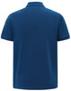 A navy blue men's classic cotton/poly pique short-sleeve polo shirt with a logo on the back.