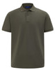 A men's classic short-sleeve polo in a deep olive green, featuring a collar and a placket with buttons. It has a logo.