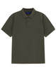 A men's short-sleeve polo in olive green, featuring a classic collar and a logo.
