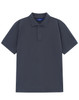 A men's short-sleeve polo in dark navy cotton/poly pique fabric, featuring a collar and three buttons.