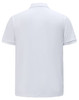 A white men's classic cotton/poly pique short-sleeve polo shirt with a logo on the back.