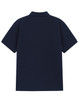 A navy blue men's classic cotton/poly pique short sleeve polo featuring a collared design and a branding logo.