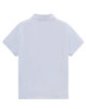 A plain white short-sleeved polo shirt with a collar and a logo.