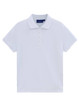 A white ladies' classic cotton/poly pique short sleeve polo with a collar and buttons, featuring a logo.