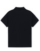 A classic short-sleeve polo shirt in black, featuring a collared neckline and a logo on the back.