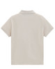 A light beige ladies' short-sleeve polo shirt with a collar, featuring a logo on the back.