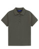 A short-sleeved polo shirt in an olive green shade, featuring a classic collar and a buttoned placket. It has a logo.