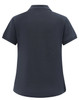 A navy short-sleeve polo shirt made from cotton and polyester, featuring a collar and a logo on the back.