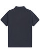 A navy blue short-sleeved polo shirt with a collar and a logo.