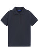 A navy blue short-sleeve polo shirt with a collar and five buttons, featuring a logo.