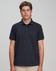 A men's ultrafine cotton pique polo in dark navy, featuring a collar and short sleeves, with a logo on the chest.