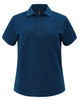 A blue ladies ultrafine cotton pique polo featuring a classic collar and five button placket, with a logo.