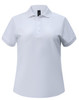 A white ladies polo shirt made from ultrafine cotton pique fabric, featuring a polo collar and button placket.