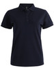 A navy blue ladies' ultrafine cotton pique polo with a collar and buttons, featuring a logo.
