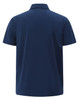 A navy blue men's polo shirt featuring a collar and short sleeves, with a logo on the back.