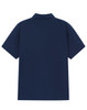 A navy blue short-sleeve polo shirt featuring a collar and a plain back, with a logo on the neck area.
