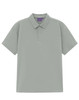 A light grey polo shirt with a collar and short sleeves, featuring a logo on the chest.