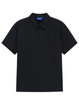 A black polo shirt with a classic collar, featuring short sleeves and a logo on the collar.