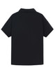 A black high-performance polo shirt with a collared design and short sleeves. Features branding on the garment.