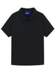 A black high-performance polo shirt with a collar and short sleeves, featuring a logo on the label.