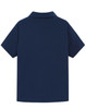 A navy blue ladies' polo shirt with short sleeves and a collar, featuring a logo on the back.