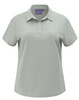 A ladies' high-performance polo in light grey with a collar and short sleeves. It features a logo on the neck.